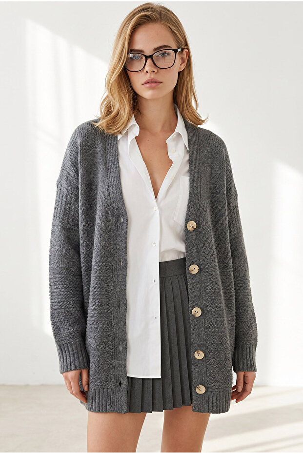 Women's Anthracite Block Patterned Soft Textured Loose Knitwear Cardigan Hrk-19000512