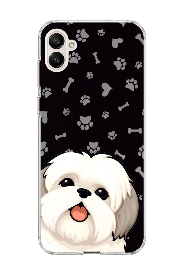Samsung Galaxy A06 Compatible White Dog Black Paw Printed Transparent Phone Case