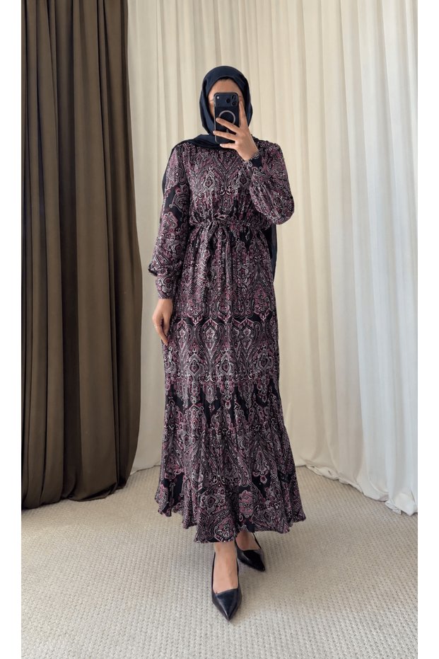 Patterned Pleated Dress - 2644 - Burgundy Black