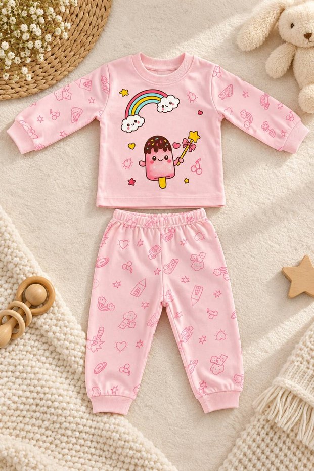 Baby Girl Rainbow and Ice Cream Printed Long Sleeve 2-Piece Top and Bottom Set