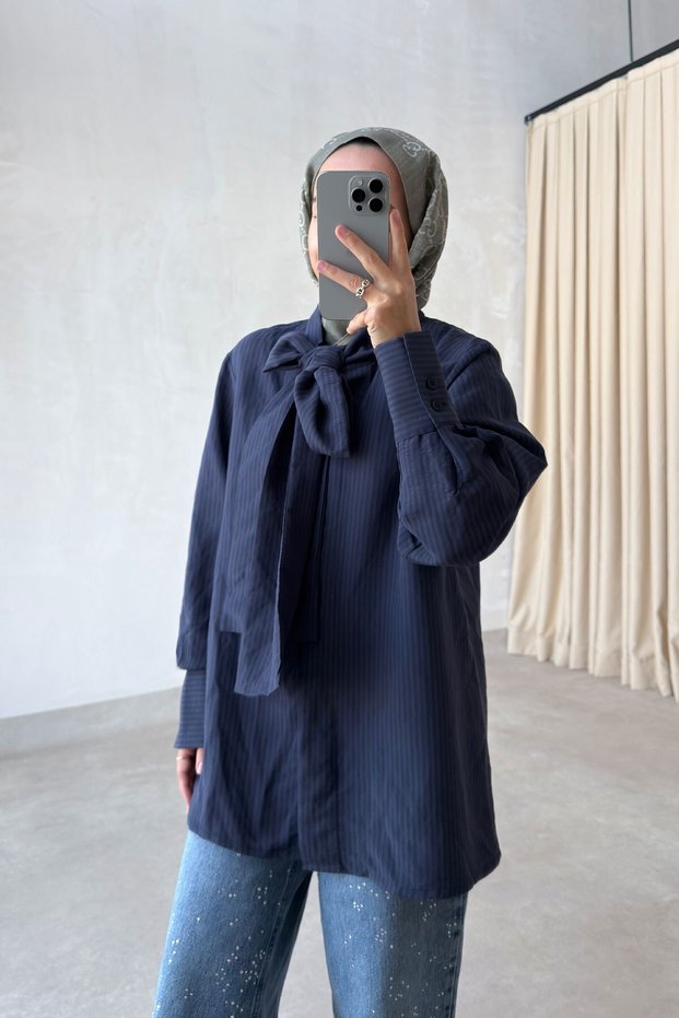 Cuff Detail Scarf Collar Tunic Shirt - Navy Blue