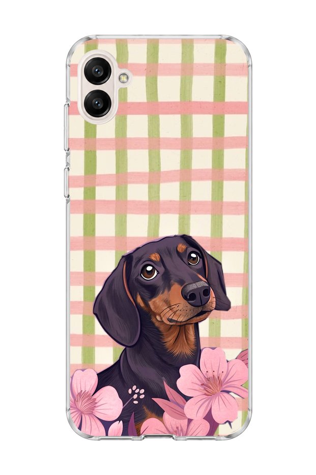 Samsung Galaxy A07 Compatible Sausage Dog Pink Plaid Printed Transparent Phone Case