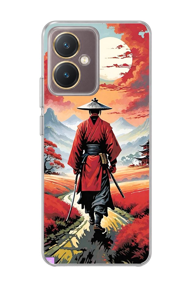 Vivo Y27 Compatible Red Kimono Samurai Printed Transparent Phone Case