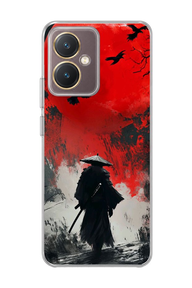 Vivo Y27 Compatible Samurai Red Sun Crow Printed Transparent Phone Case