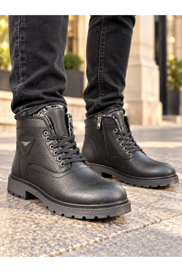 Men's Fur-Lined Winter Boots with Zipper and Non-Slip Sole, Comfortable Boots