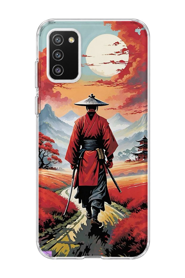 Samsung Galaxy A02S Compatible Red Kimono Samurai Printed Transparent Phone Case