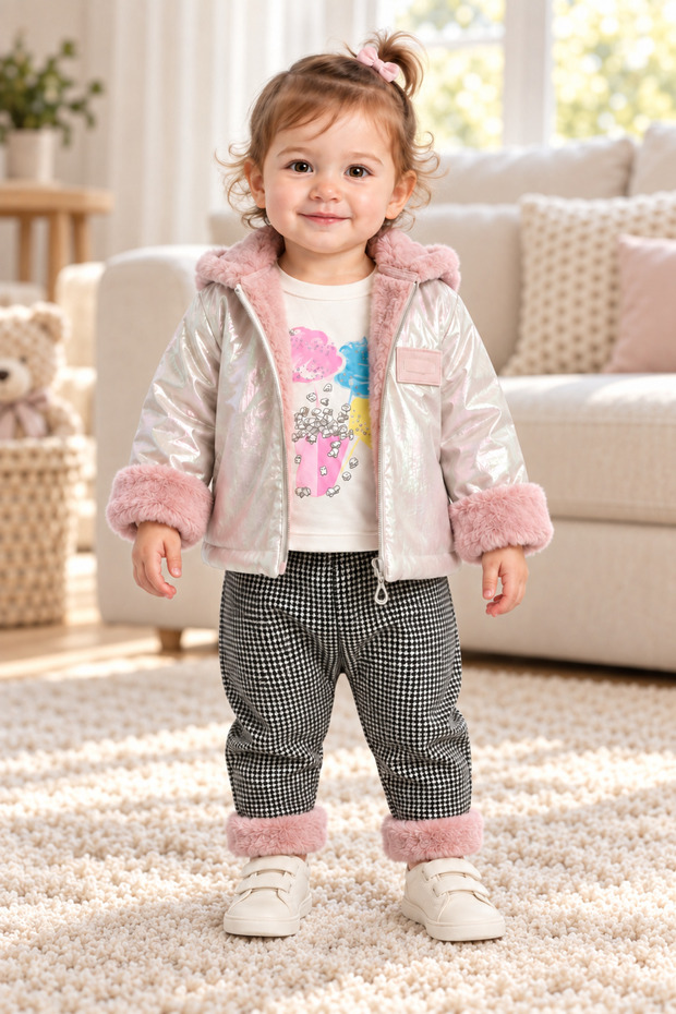 Baby Girl 3 Piece Set Plush Detailed Hooded Shiny Coat Printed Top Patterned Trousers Ak1019