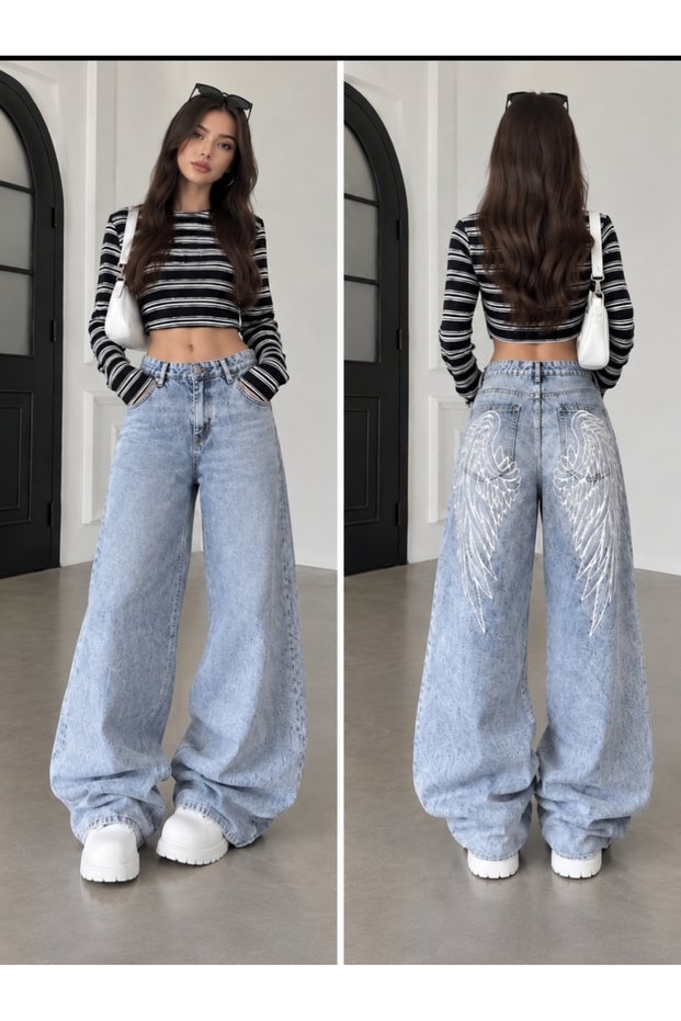 Y2K Harajuku Angel Wings Wide Leg Baggy Pants Jean Jeans