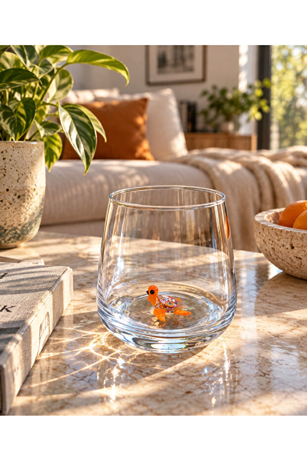 Orange Loggerhead Turtle Glass Water Cup with Figure