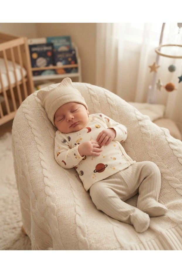 Newborn Baby Boy Planet Printed 3-Piece Bodysuit Set with Gloves and Hat