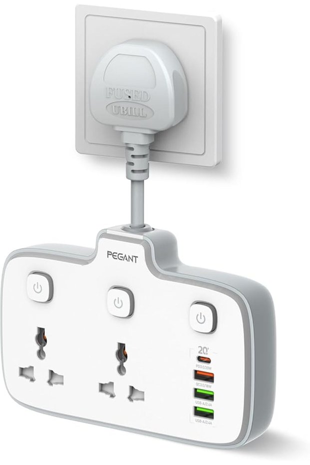 محول قابس تمديد الطاقة، منفذين عالميين، منفذ شحن سريع USB-C 20W PD3.0، 3 منافذ