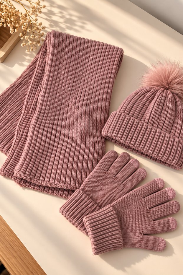 Women's Knitted Scarf, Beanie, Gloves 3-Piece Winter Accessory Set