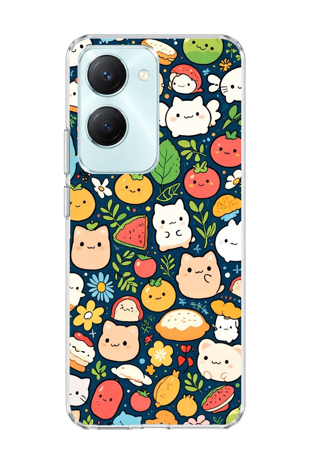 Vivo Y18 Compatible Cat Fruit Navy Blue Printed Transparent Phone Case