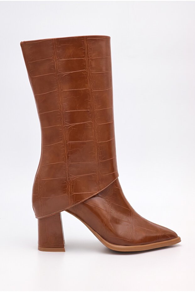 Women's Special Removable Croco Design Short Boots - Thick Heeled Pointed Toe Zippered Boots - Short Boots