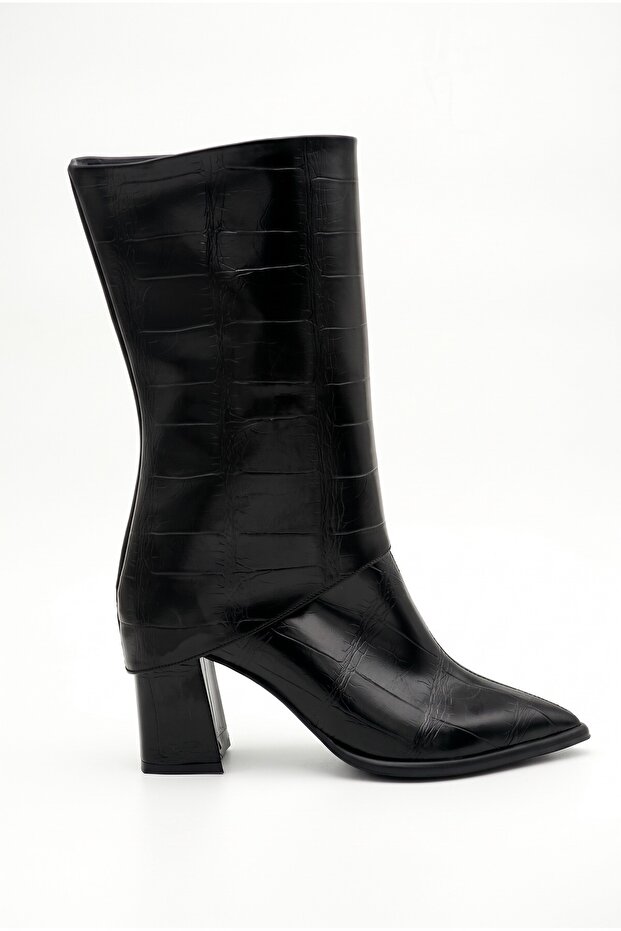 Women's Special Removable Croco Design Short Boots - Thick Heeled Pointed Toe Zippered Boots - Short Boots