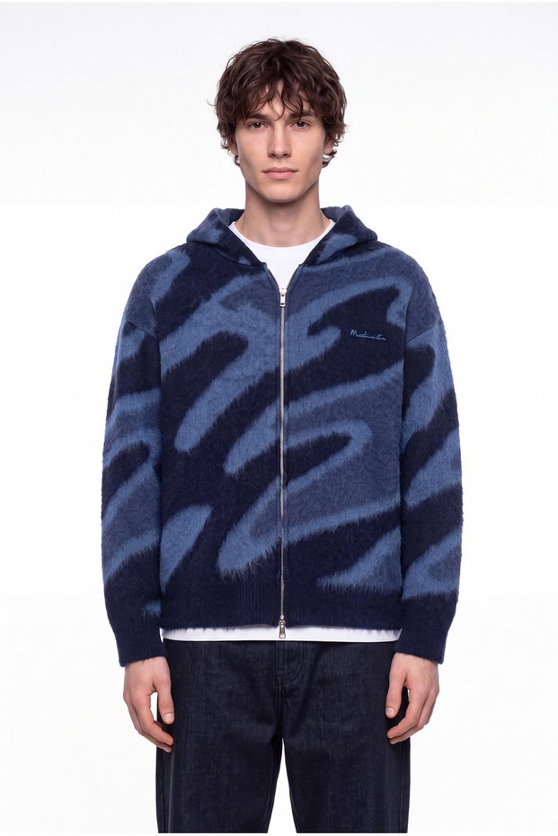 Men's Wave Patterned Hooded Knitwear with Zipper on the Front, Navy Blue