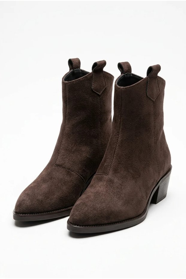 Women's Pointed Toe Block Heeled Zippered Cowboy Western Ankle Boots - Lavia - Brown Suede