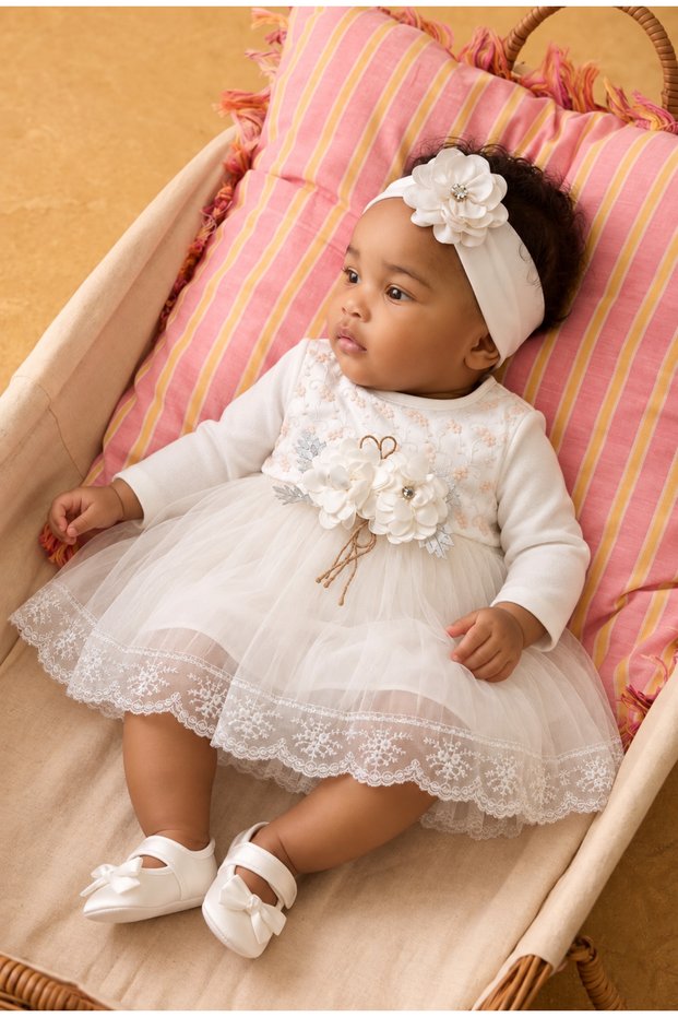 Baby Girl Floral Detailed Tulle Mevlüt Dress - with Shoes and Bandana Gift (Inner Bodysuit Included)