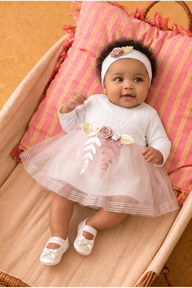 Baby Girl Floral Detailed Tulle Dress with Inner Bodysuit, Shoes and Bandana as a Gift