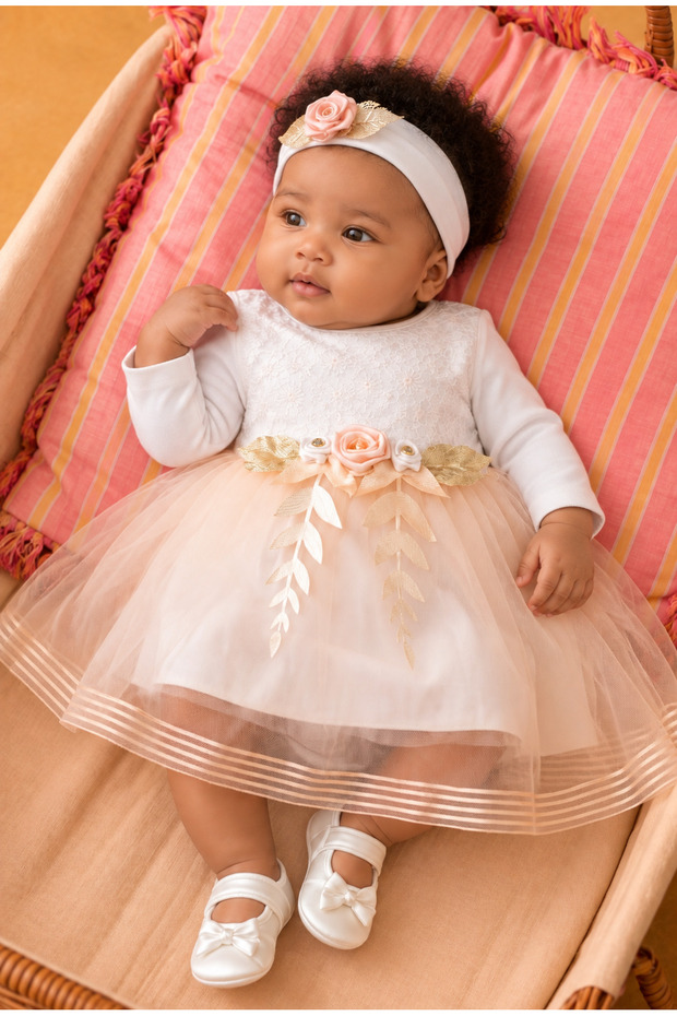 Baby Girl Floral Detailed Tulle Dress with Inner Bodysuit, Shoes and Bandana as a Gift