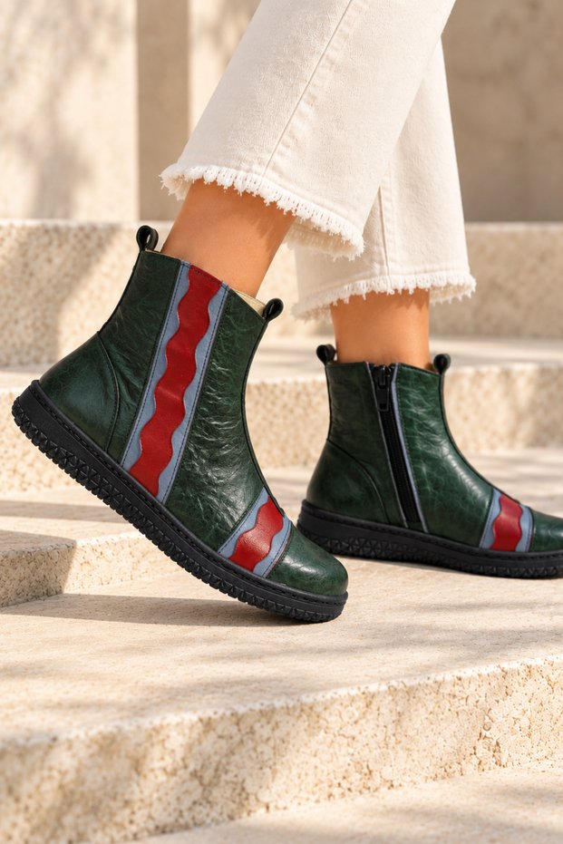 Genuine Leather Women's Boots, Zippered Colorful Casual Boots, Model Name Themis