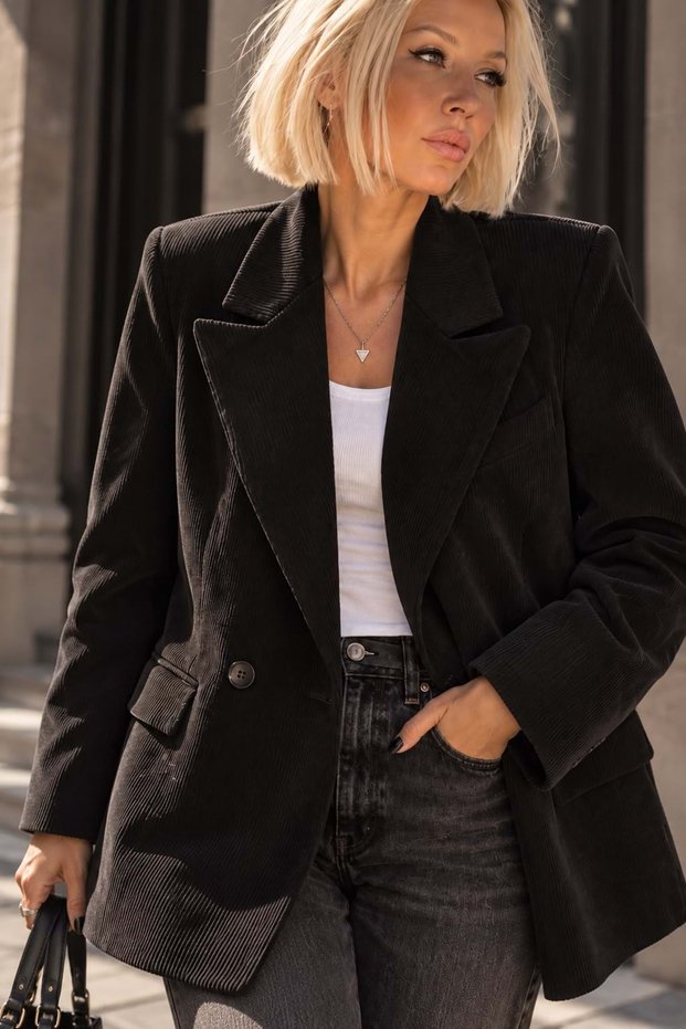 New Season Women's Double-Breasted Button Detail Black Velvet Jacket