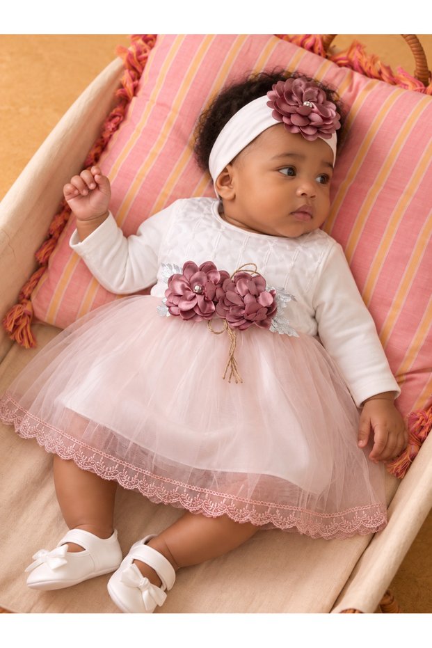 Baby Girl Floral Detailed Tulle Mevlüt Dress - with Shoes and Bandana Gift (Inner Bodysuit Included)