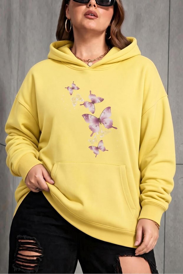 Sw Butterfly Printed Women's Large Size Oversized Hooded Two-Thread Cotton Sweatshirt Relaxed Fit