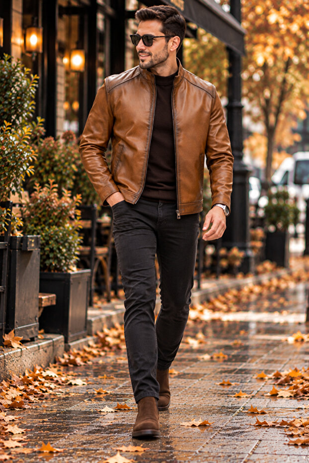 Men's Tan 100% Genuine Lambskin Leather Jacket Slim Fit Zippered Stand Collar Leather Jacket