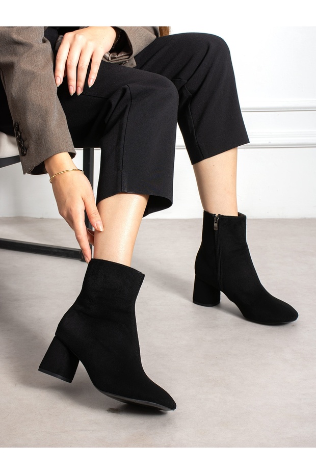 Pormi̇ Black Suede Heeled Women's Boots