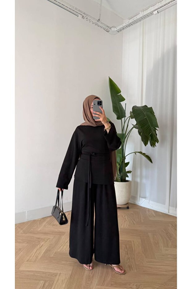 Women's Hijab Waist-Tied Two-Piece Set Tunic Pants Bottom Top Set