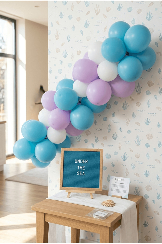 Mermaid under the Sea Birthday Decoration Classic Set Blue Felt Letter Board with Stand and Pump Balloon Chain