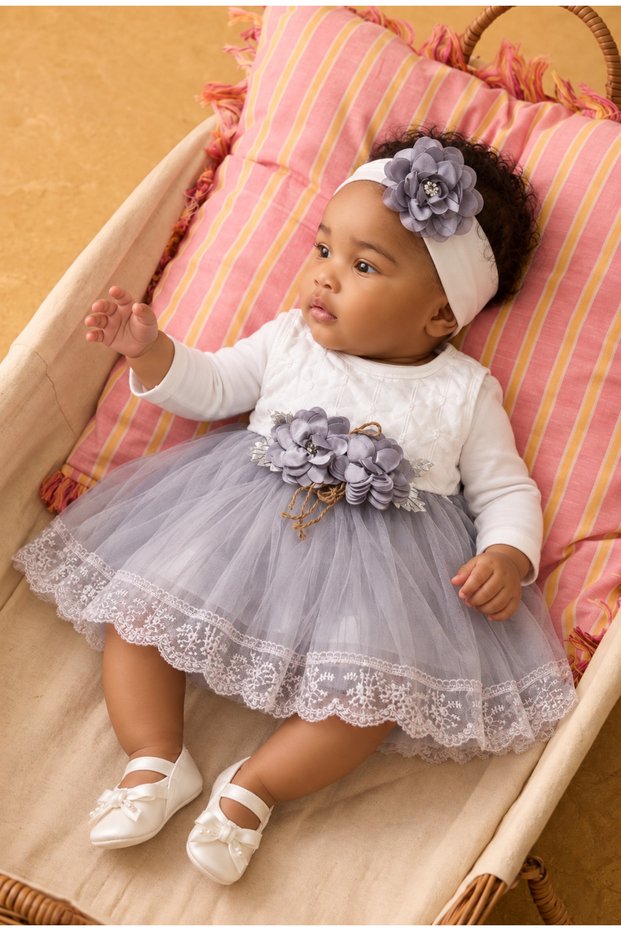 Baby Girl Floral Detailed Tulle Mevlüt Dress - with Shoes and Bandana Gift (Inner Bodysuit Included)