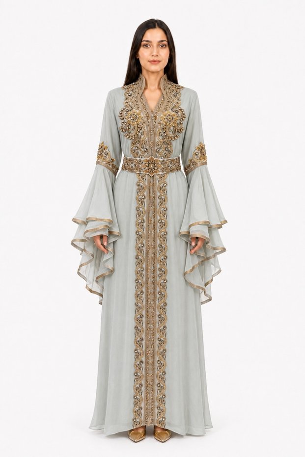 Women's Long Caftan with Hand Embellishments and Shiny Stones Work Butterfly Sleeves Caftan Model 05