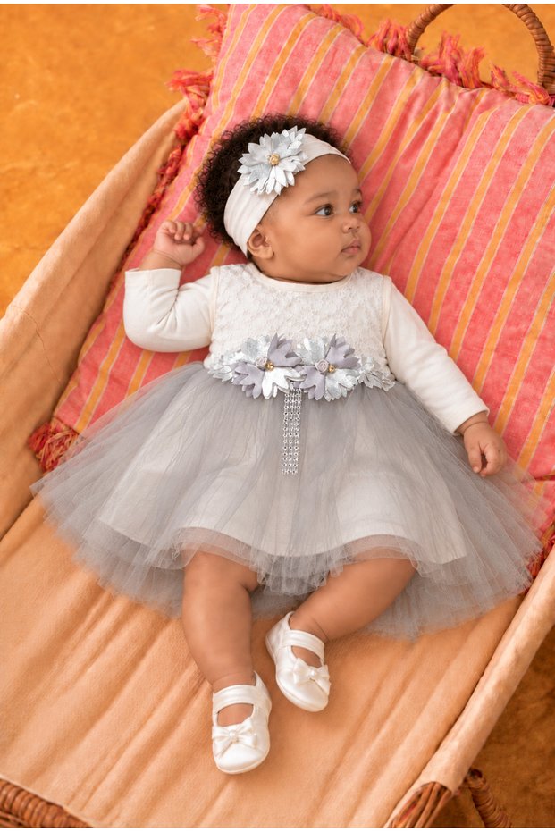 Baby Girl Floral Detailed Tulle Dress with Inner Bodysuit, Shoes and Bandana as a Gift