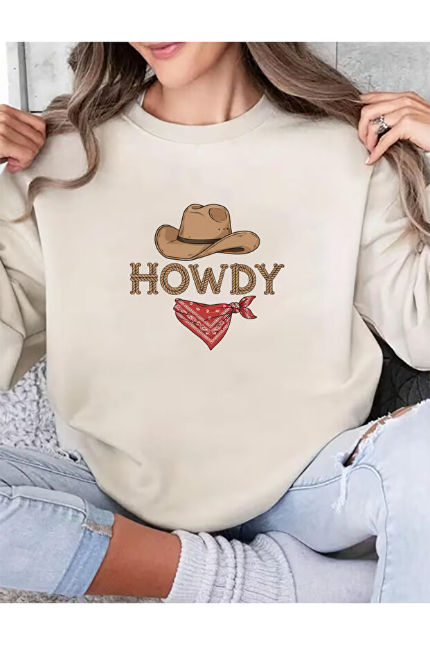 Western Mix Printed Oversize Cotton Crew Neck Basic Beige Sweatshirt