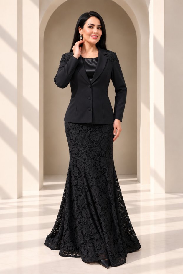 Women's Lace Jacket Skirt Set Three-Piece Set– Shoulder Embroidered Blazer Jacket, Lined Long Skirt, Blouse 3-Piece Set