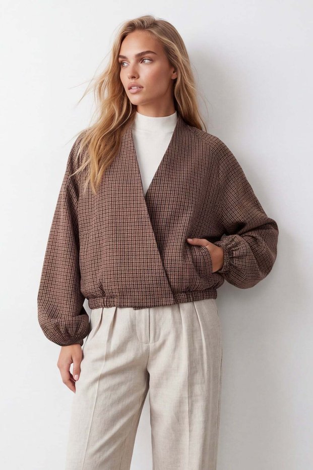 Women's Coffee Color V-Neck Balloon Sleeve Double Pocket Plaid Patterned Lined Velvet Textured Coat Alc-X15951