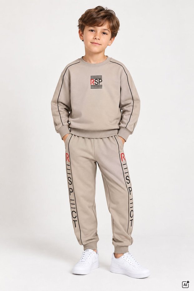 Beige Boys' Stripe Detailed Elastic Cuff Crew Neck Sweatpants Set 24846