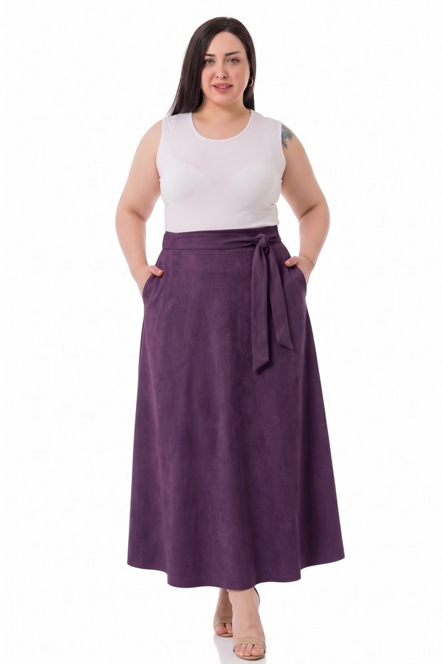 Plus Size Suede Long Plum Skirt with Elastic Waist at the Back, Zipper and Belted Pockets