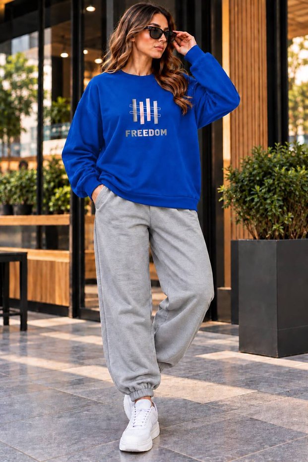 Zero Collar Sweat Suit 2-Piece Combination with Pullover and Pants Unisex Freedom Printed