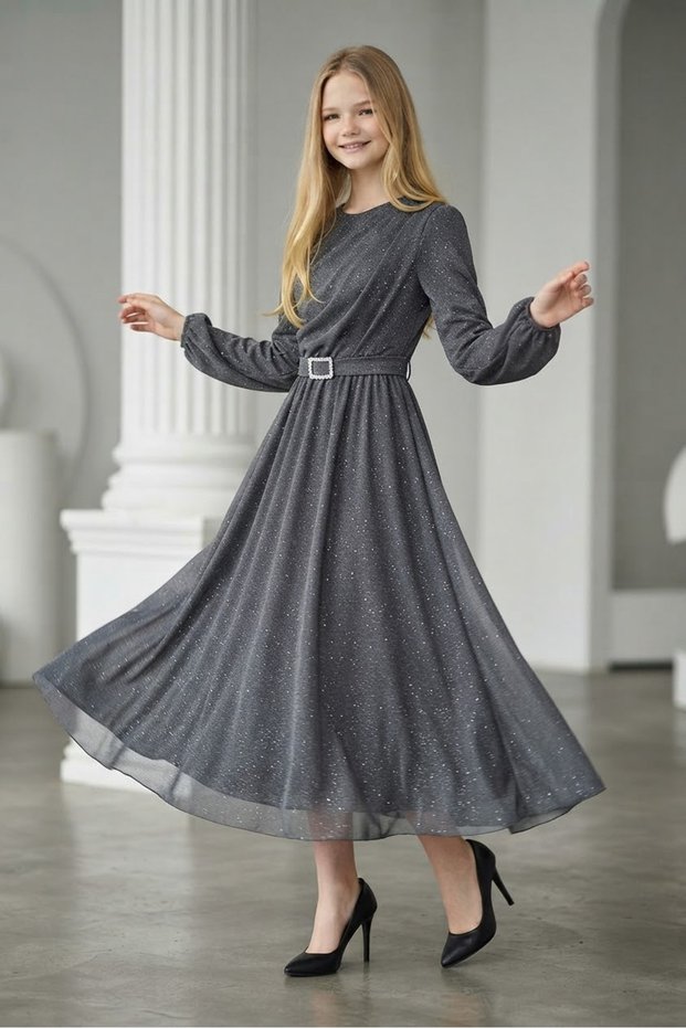 Silvery Stone Belt Detail Girls' Dress Evening Gown