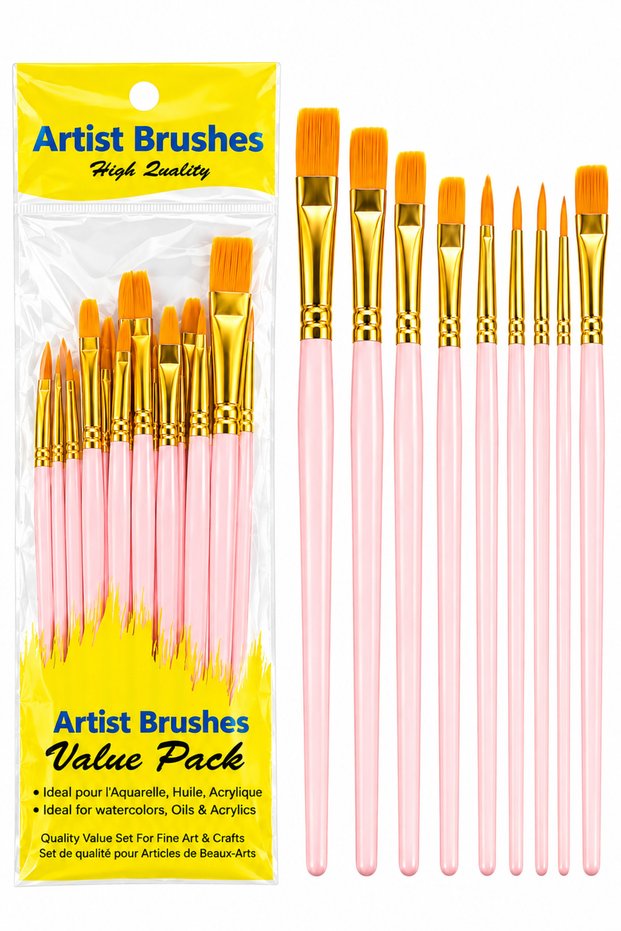 Oil Paint and Acrylic Beginner Brush Set 10-Piece Pink (Side-Cut Cat-Tongue, Flat and Round Detail Tips)