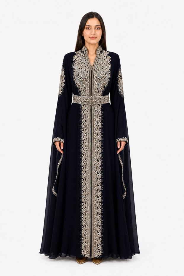 Women's Long Caftan with Shiny Stones and Pearl Work, Model 13