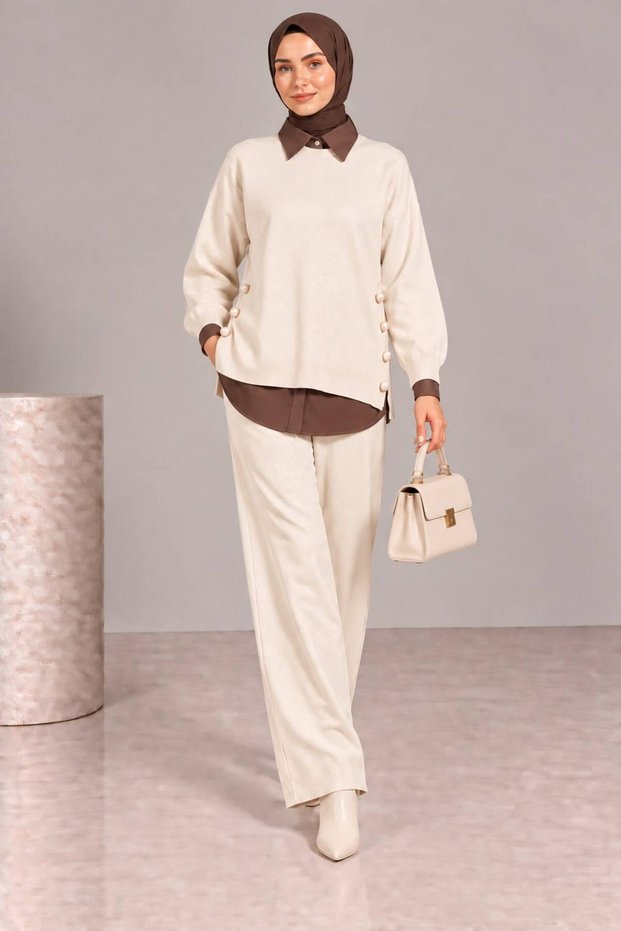 Women's comfortable fit knit set with button detail - 2 piece