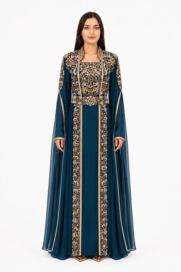 Women's Long Caftan with Hand Embellishments and Extended Sleeves Above the Wrist Model 08