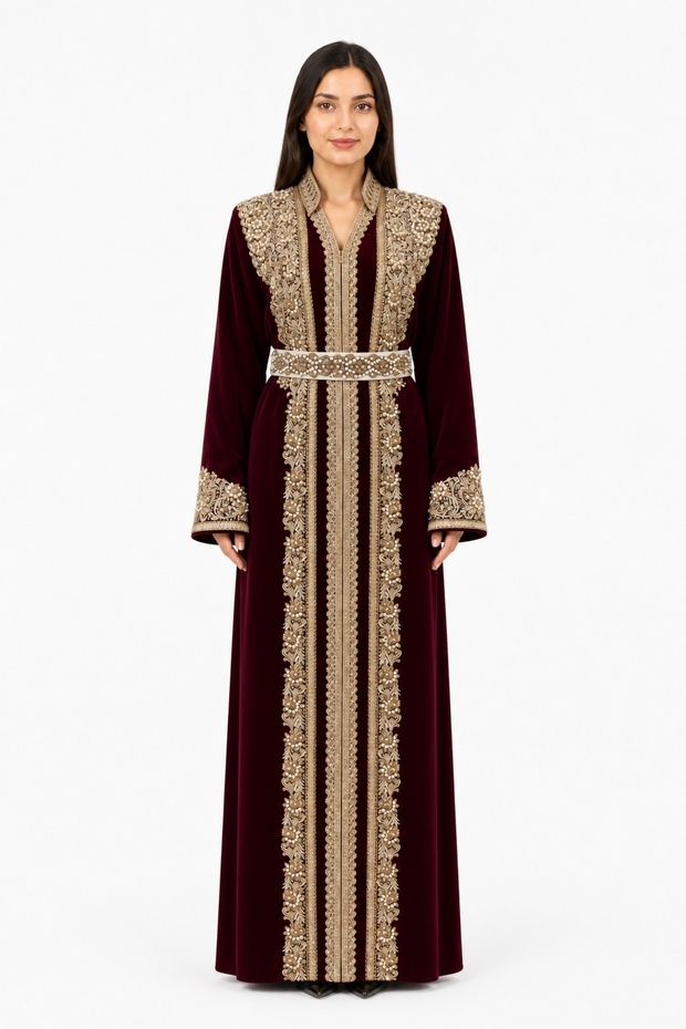 Women's Long Caftan with Shiny Stones and Pearl Work, Model 12