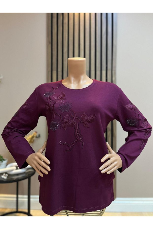 Women's Floral Embroidered and Sparkling Stone Winter Mom Combed Cotton Blouse