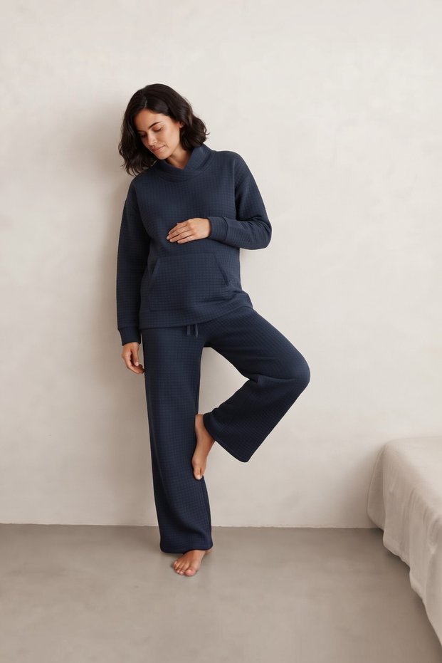 Lunara Embroidered Collar Quilted Fabric Pocketed Drawstring Waist Maternity and Postpartum Sweatshirt Set
