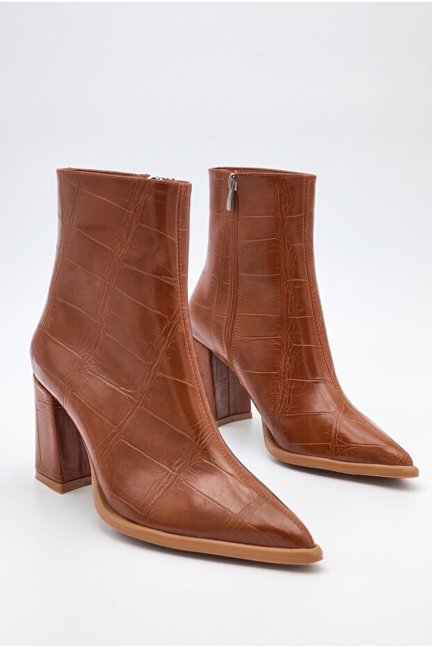 Women's Pointed Toe Thick Heeled Tan Croco Design Zippered Boots
